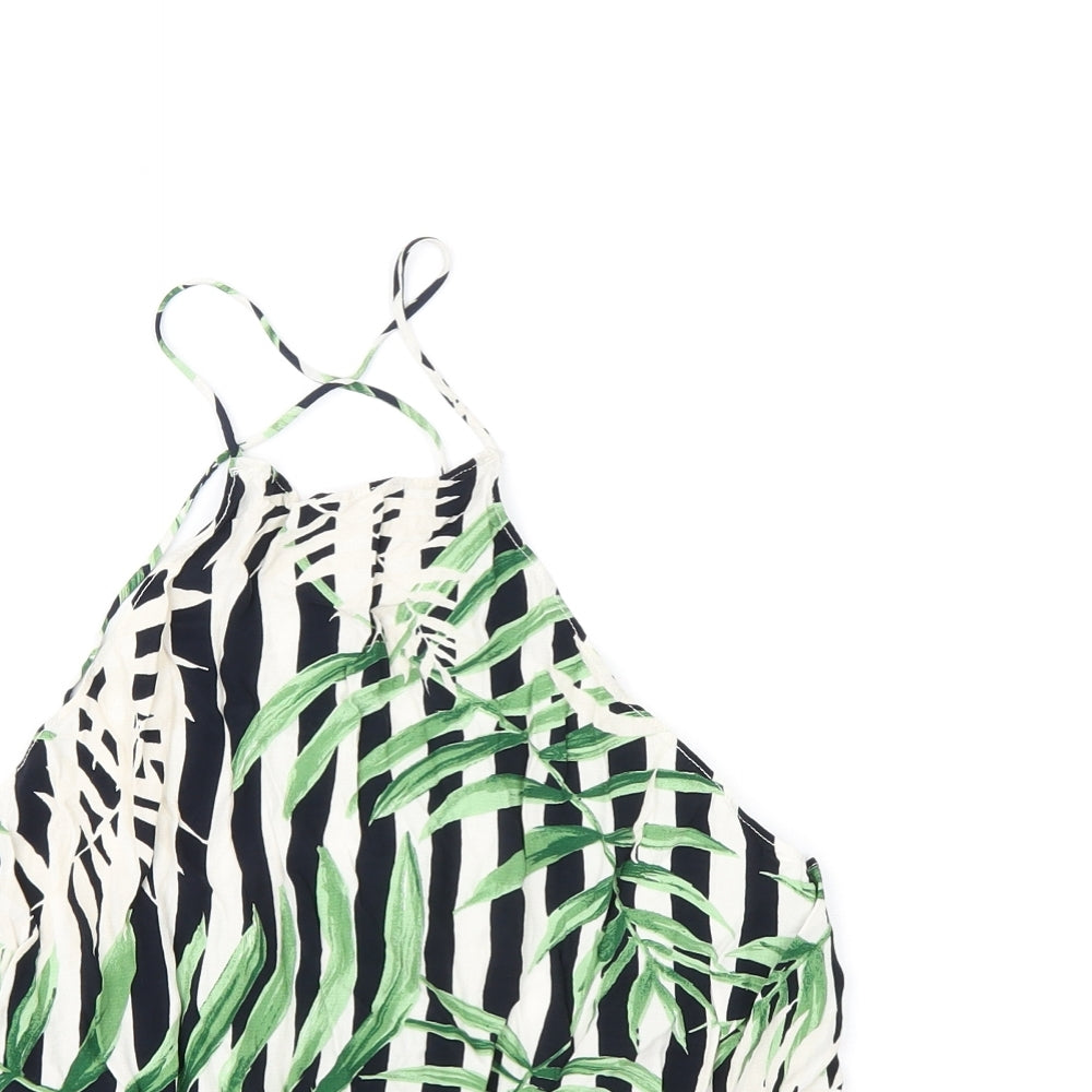 Zara Womens Multicoloured Striped Viscose Basic T-Shirt Size M Halter - Leaf Print