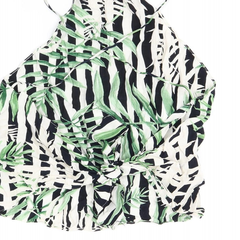 Zara Womens Multicoloured Striped Viscose Basic T-Shirt Size M Halter - Leaf Print