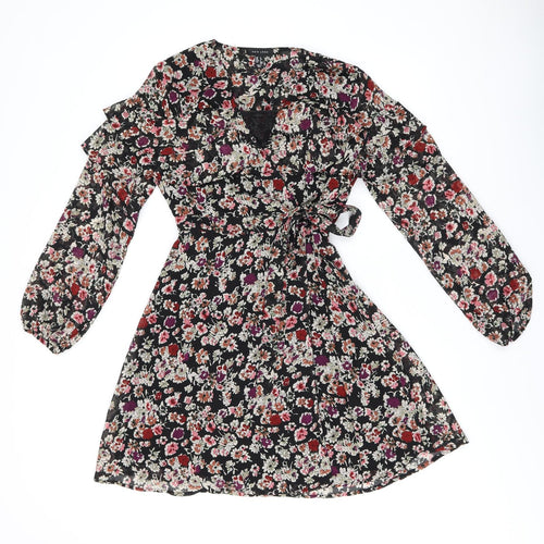 New Look Womens Black Floral Polyester Wrap Dress Size 6 V-Neck Tie