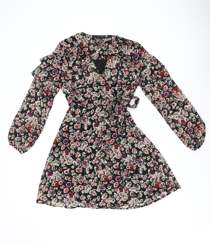 New Look Womens Black Floral Polyester Wrap Dress Size 6 V-Neck Tie