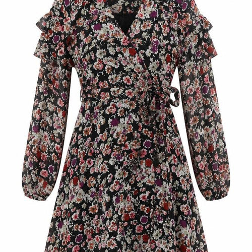 New Look Womens Black Floral Polyester Wrap Dress Size 6 V-Neck Tie