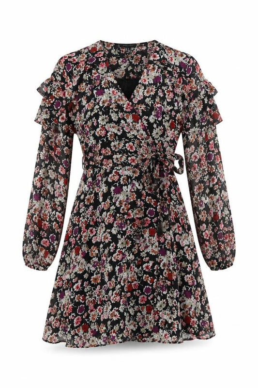 Front view of New Look women’s black floral polyester wrap dress, size UK 6, v-neck tie