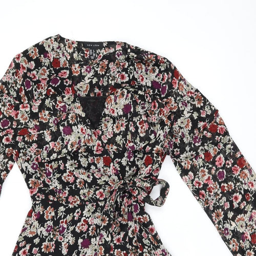 New Look Womens Black Floral Polyester Wrap Dress Size 6 V-Neck Tie