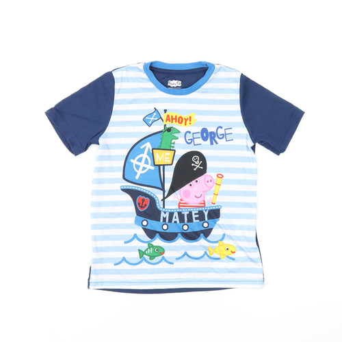 Peppa Pig Boys Blue Striped Polyester Basic T-Shirt Size 7-8 Years Round Neck Pullover