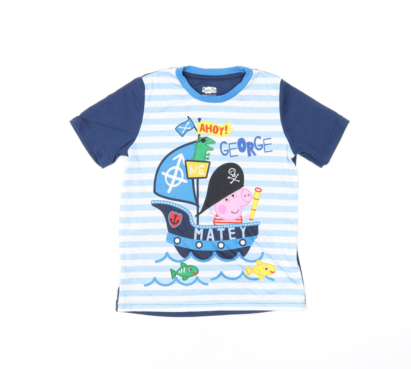 Peppa Pig Boys Blue Striped Polyester Basic T-Shirt Size 7-8 Years Round Neck Pullover
