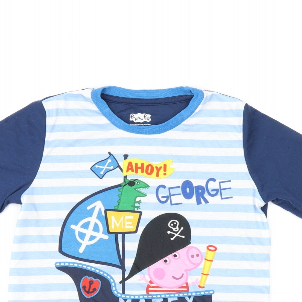 Peppa Pig Boys Blue Striped Polyester Basic T-Shirt Size 7-8 Years Round Neck Pullover