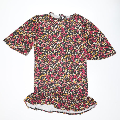 Boohoo Womens Black Floral Polyester Shift Size 14 Round Neck Tie