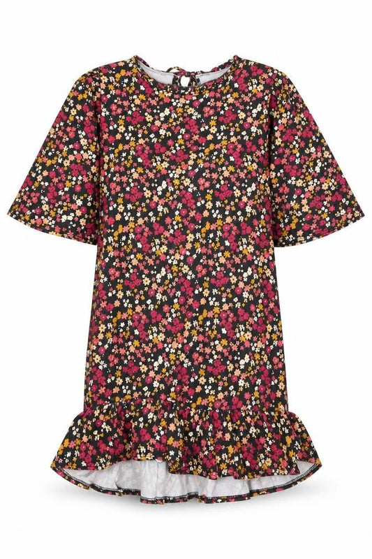 Front view of Boohoo women’s black floral polyester shift, size UK 14, round neck tie