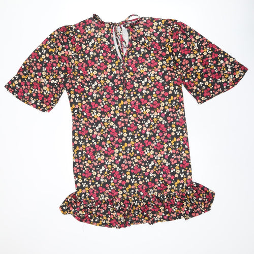 Boohoo Womens Black Floral Polyester Shift Size 14 Round Neck Tie