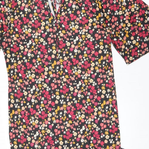 Boohoo Womens Black Floral Polyester Shift Size 14 Round Neck Tie