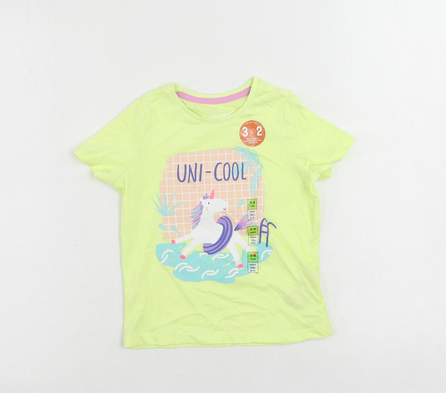 Marks and Spencer Girls Yellow Cotton Pullover T-Shirt Size 3-4 Years Crew Neck Pullover - Unicorn