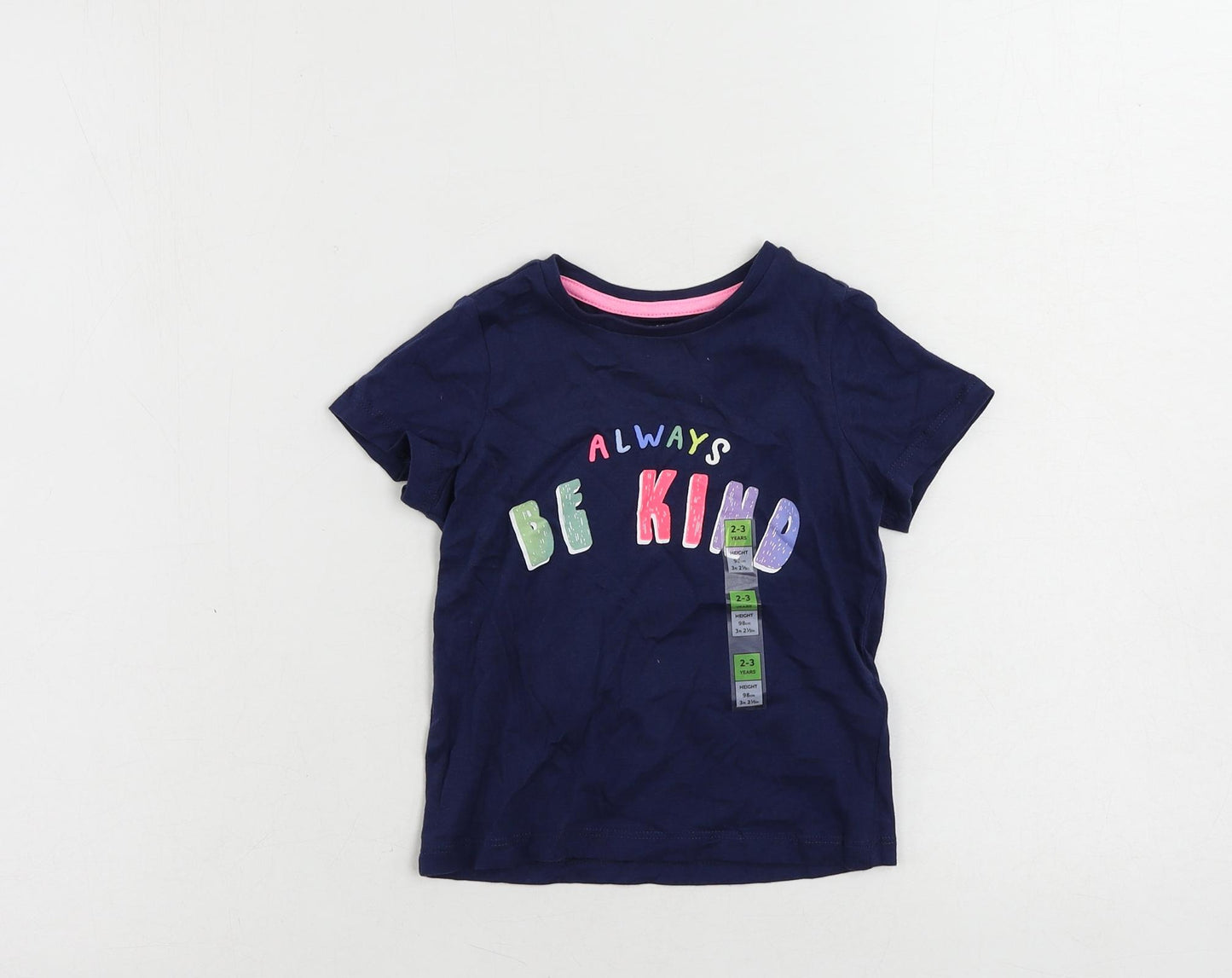 Marks and Spencer Girls Blue Cotton Pullover T-Shirt Size 2-3 Years Crew Neck Pullover - Be Kind