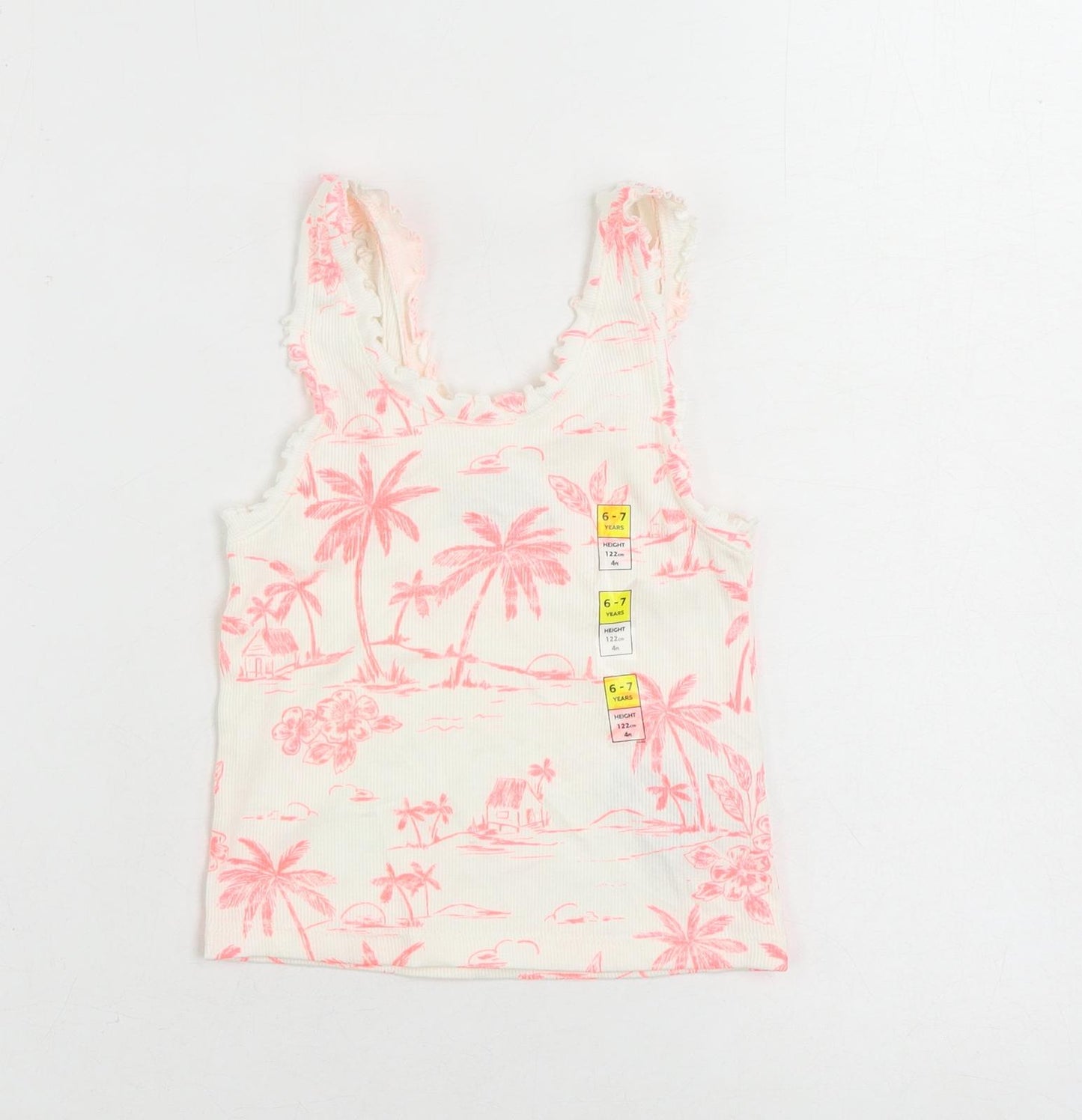 Marks and Spencer Girls White Geometric Cotton Pullover Tank Size 6-7 Years Scoop Neck Pullover - Palm Print