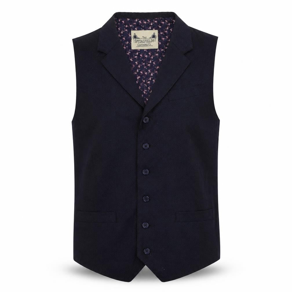 Front view of Spitafields men’s blue geometric polyester jacket suit waistcoat, size 40, regular