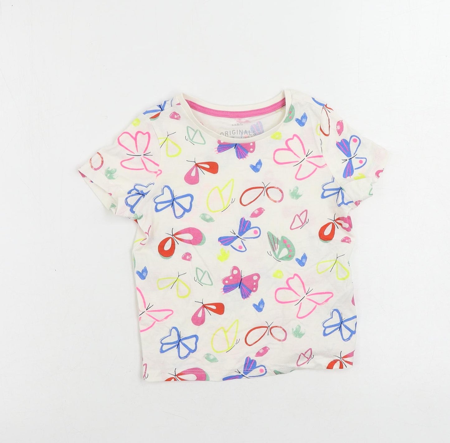 Marks and Spencer Girls Ivory Geometric Cotton Pullover T-Shirt Size 3-4 Years Crew Neck Pullover - Butterfly Pattern