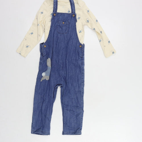 Marks and Spencer Girls Blue Geometric Cotton Dungarees Trousers Size 2-3 Years Regular Snap - Rabbit