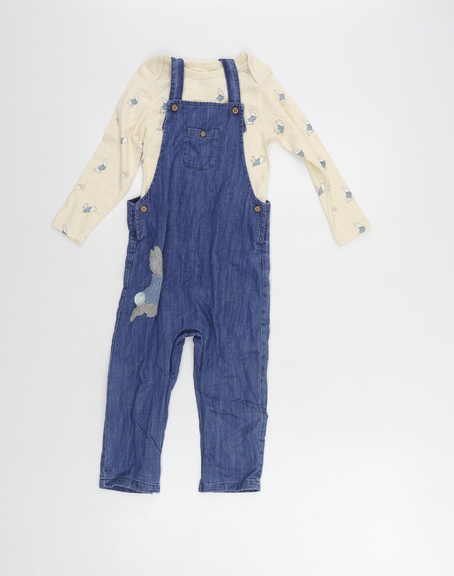 Marks and Spencer Girls Blue Geometric Cotton Dungarees Trousers Size 2-3 Years Regular Snap - Rabbit