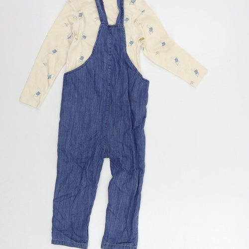Marks and Spencer Girls Blue Geometric Cotton Dungarees Trousers Size 2-3 Years Regular Snap - Rabbit