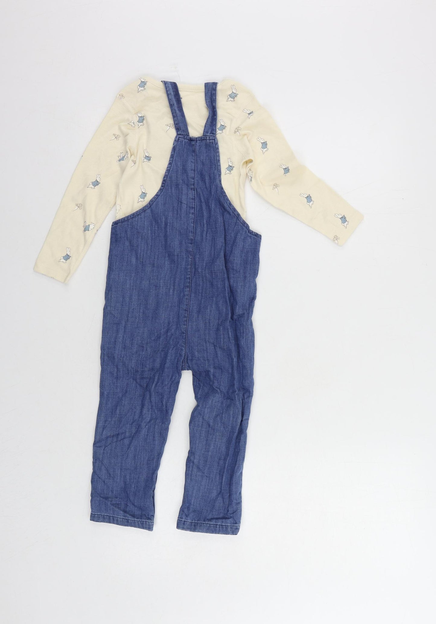 Marks and Spencer Girls Blue Geometric Cotton Dungarees Trousers Size 2-3 Years Regular Snap - Rabbit