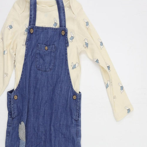 Marks and Spencer Girls Blue Geometric Cotton Dungarees Trousers Size 2-3 Years Regular Snap - Rabbit