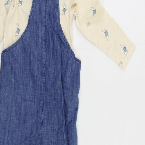 Marks and Spencer Girls Blue Geometric Cotton Dungarees Trousers Size 2-3 Years Regular Snap - Rabbit