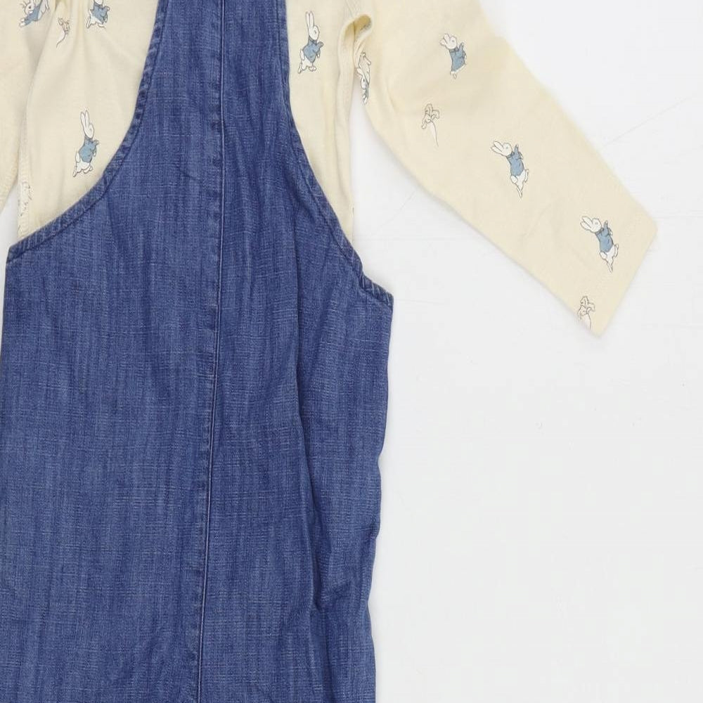 Marks and Spencer Girls Blue Geometric Cotton Dungarees Trousers Size 2-3 Years Regular Snap - Rabbit
