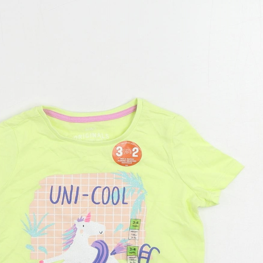 Marks and Spencer Girls Yellow Cotton Pullover T-Shirt Size 3-4 Years Crew Neck Pullover - Unicorn