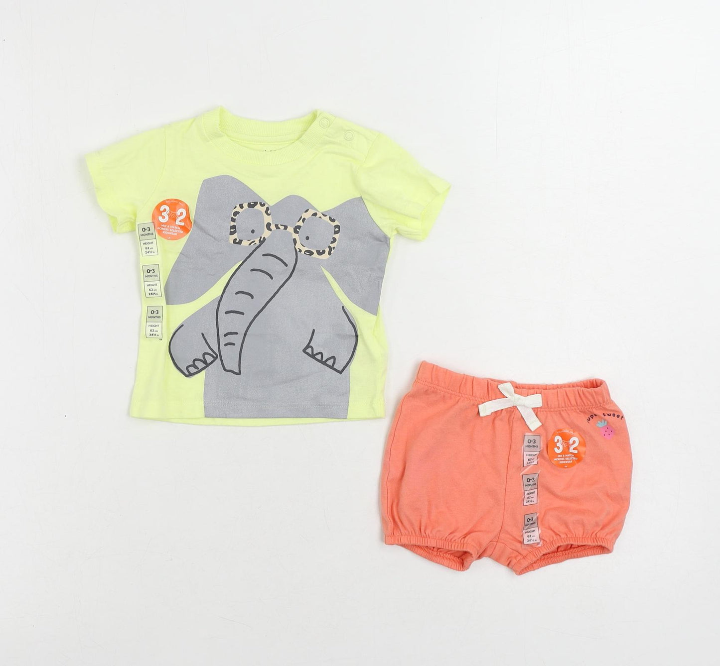 Marks and Spencer Baby Yellow Cotton Shorts Set Outfit/Set Size 0-3 Months Snap - Elephant
