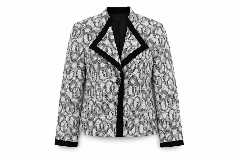 Front view of Kasper women’s black geometric jacket blazer, size UK 12, button