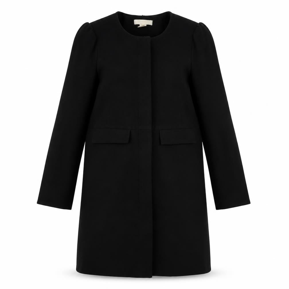 Front view of H&M women’s black overcoat coat, size UK 10, zip