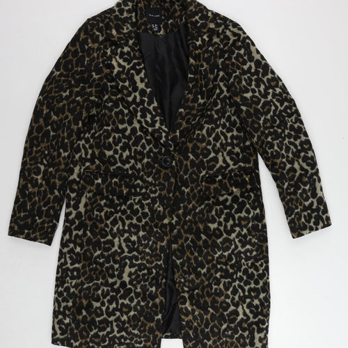 New Look Womens Black Animal Print Overcoat Coat Size 10 Button - Leopard Print
