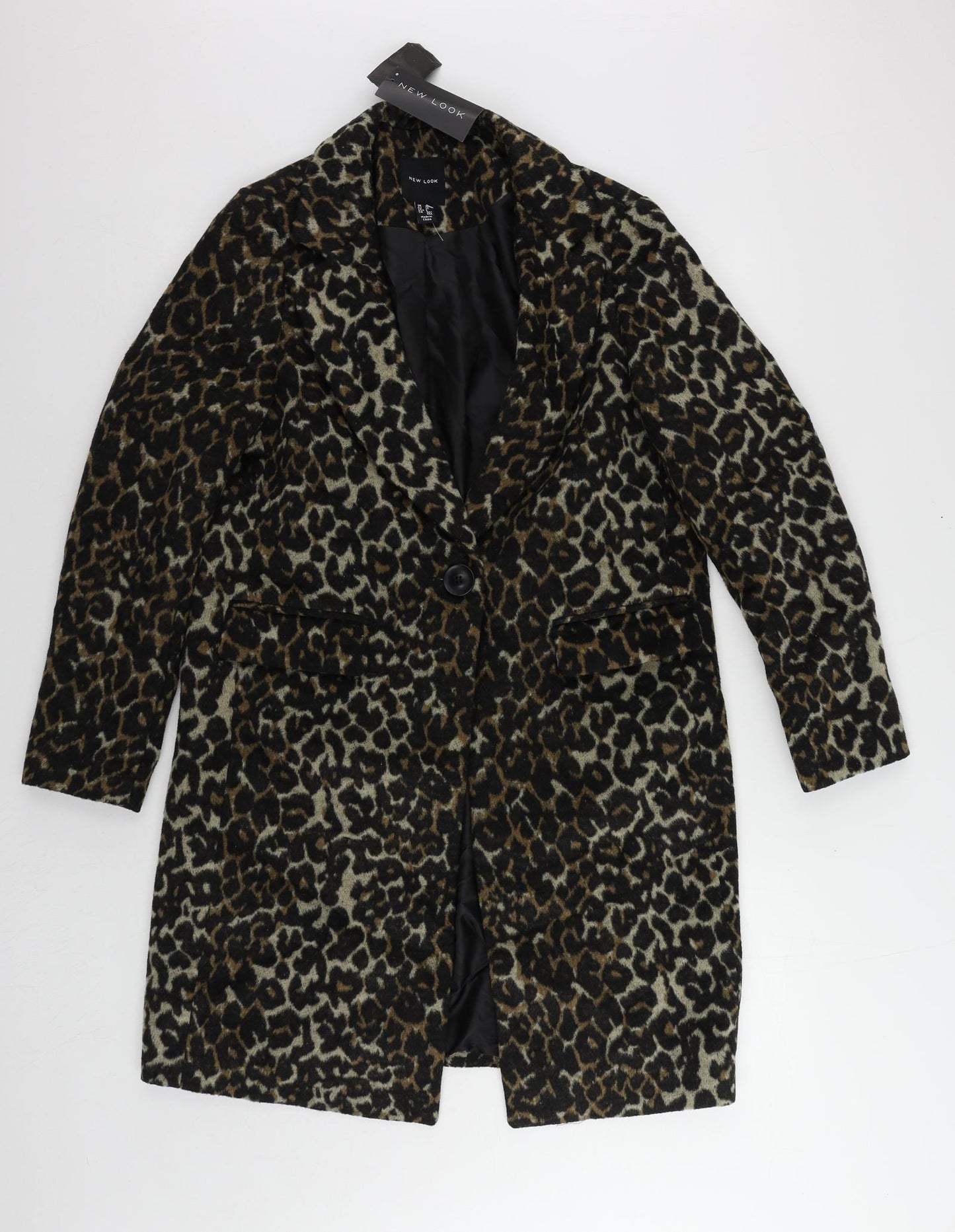 New Look Womens Black Animal Print Overcoat Coat Size 10 Button - Leopard Print