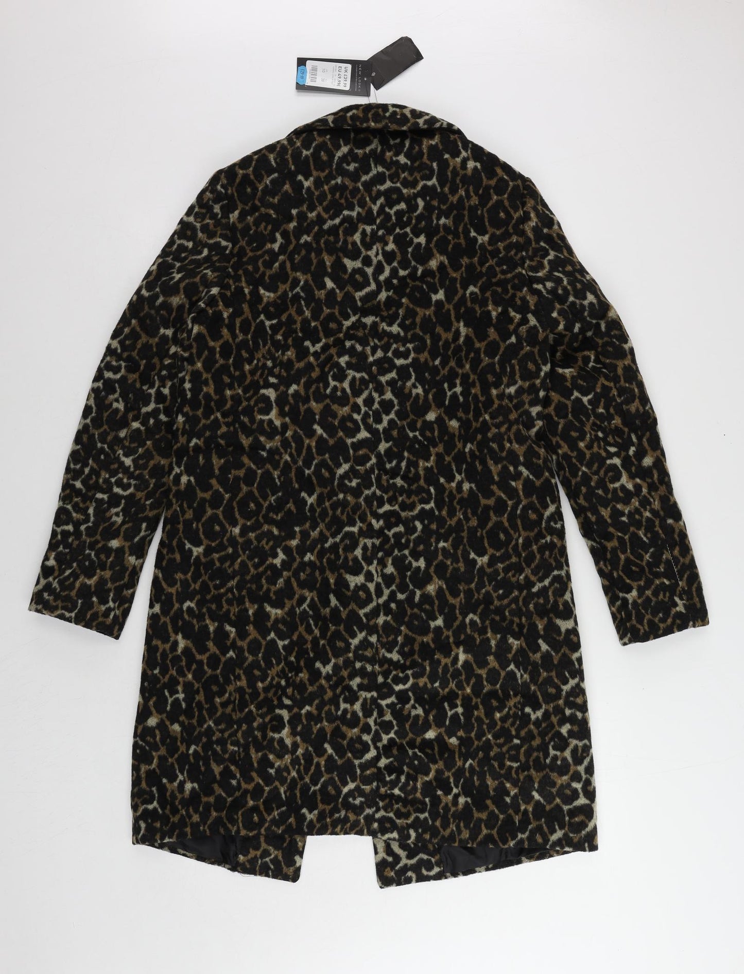 New Look Womens Black Animal Print Overcoat Coat Size 10 Button - Leopard Print