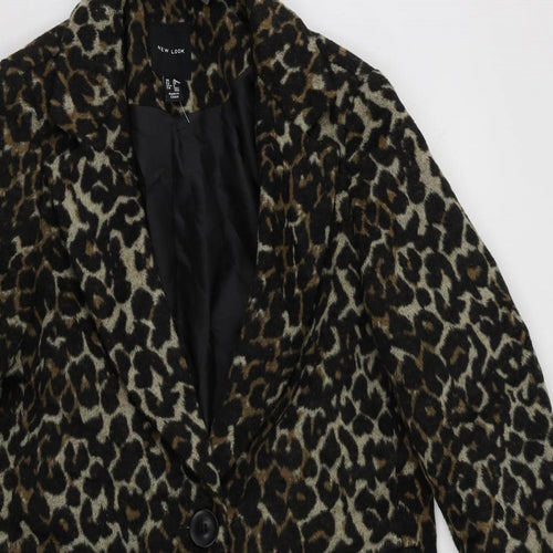 New Look Womens Black Animal Print Overcoat Coat Size 10 Button - Leopard Print