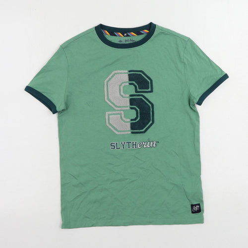 Marks and Spencer Girls Green Cotton Ringer T-Shirt Size 10-11 Years Crew Neck Pullover - Harry Potter