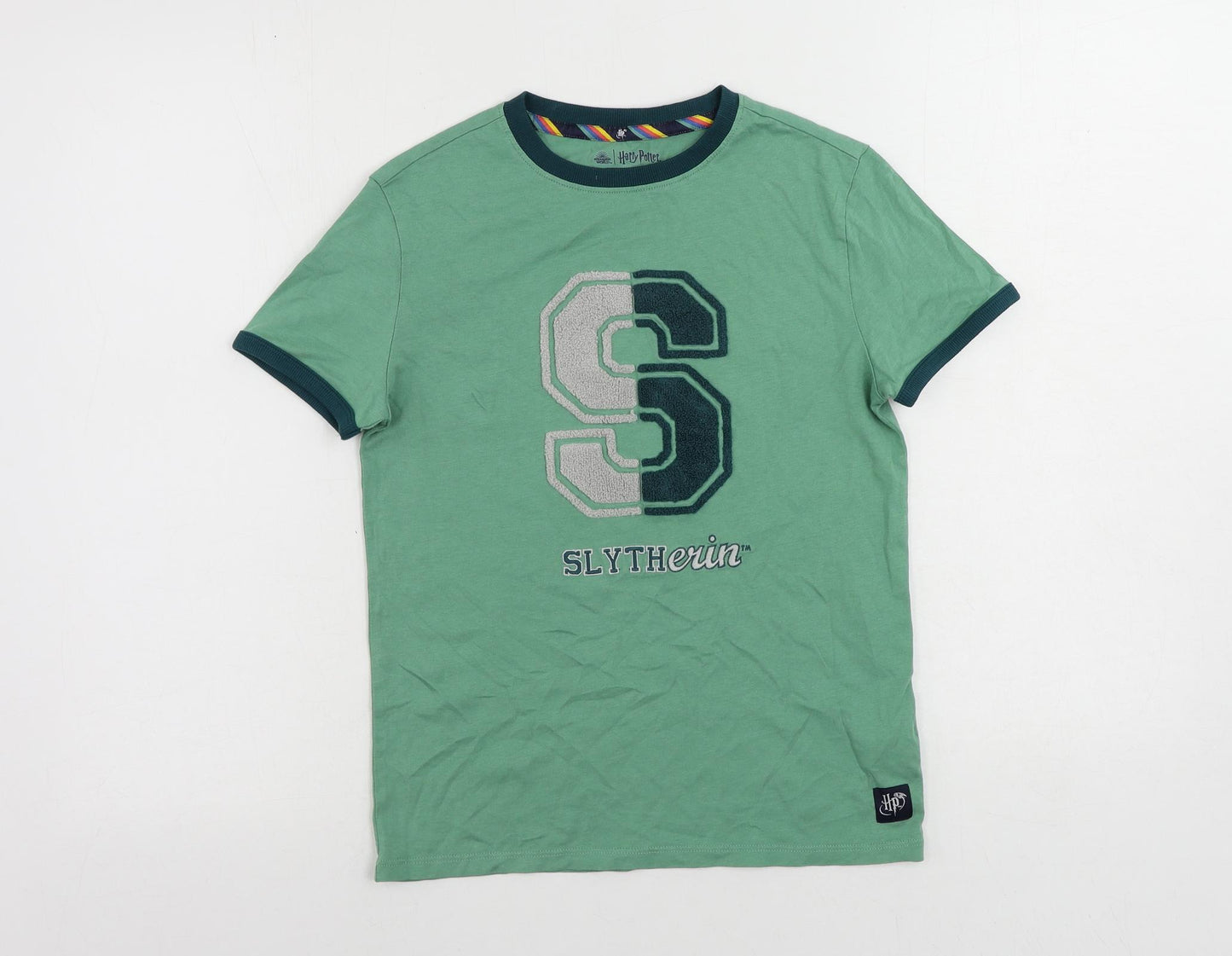 Marks and Spencer Girls Green Cotton Ringer T-Shirt Size 10-11 Years Crew Neck Pullover - Harry Potter