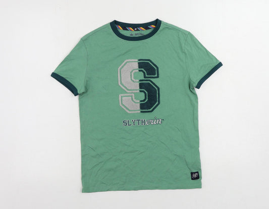 Marks and Spencer Girls Green Cotton Ringer T-Shirt Size 10-11 Years Crew Neck Pullover - Harry Potter