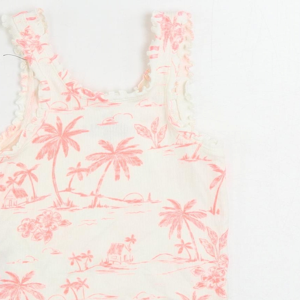 Marks and Spencer Girls White Geometric Cotton Pullover Tank Size 7-8 Years Scoop Neck Pullover - Palm Print