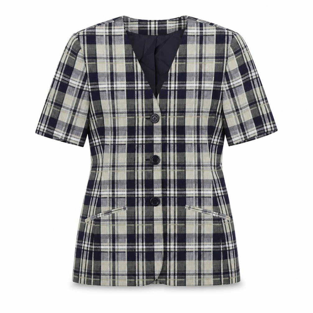 Front view of St Michael women’s blue plaid jacket blazer, size UK 8, button
