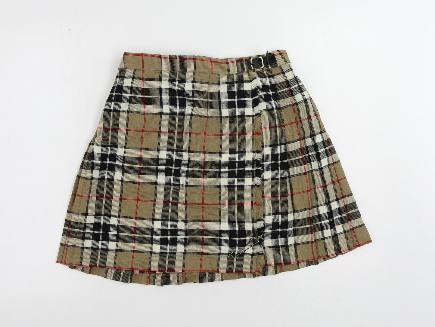 James Pringle Womens Brown Plaid Wool Wrap Skirt Size 12 Buckle - Adjustable Waist