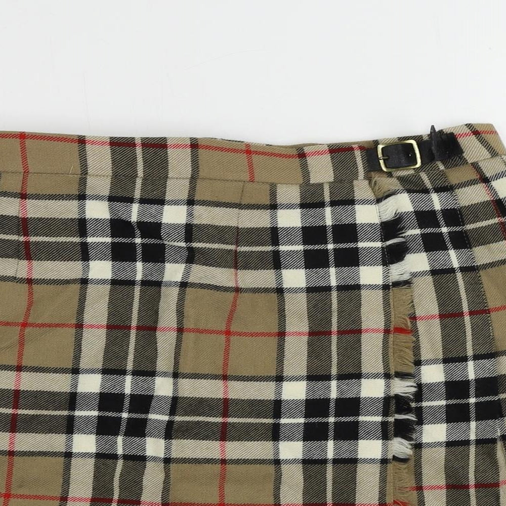 James Pringle Womens Brown Plaid Wool Wrap Skirt Size 12 Buckle - Adjustable Waist