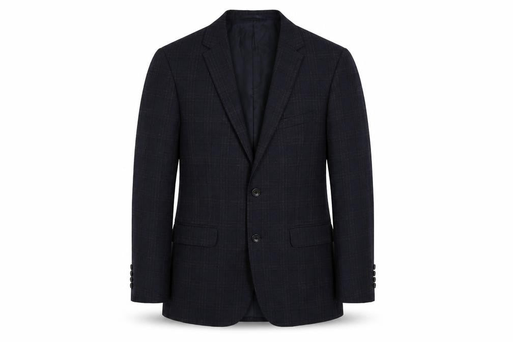 Front view of John Lewis men’s blue plaid wool jacket suit jacket, size 38, regular