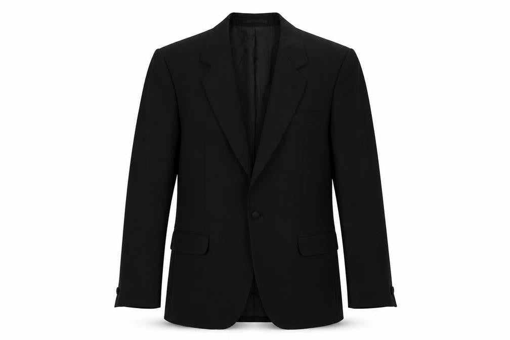 Front view of Varteks men’s black polyester tuxedo suit jacket, size 40, regular