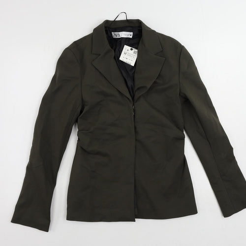 Zara Womens Green Jacket Blazer Size M Hook & Eye - Ruched Detail