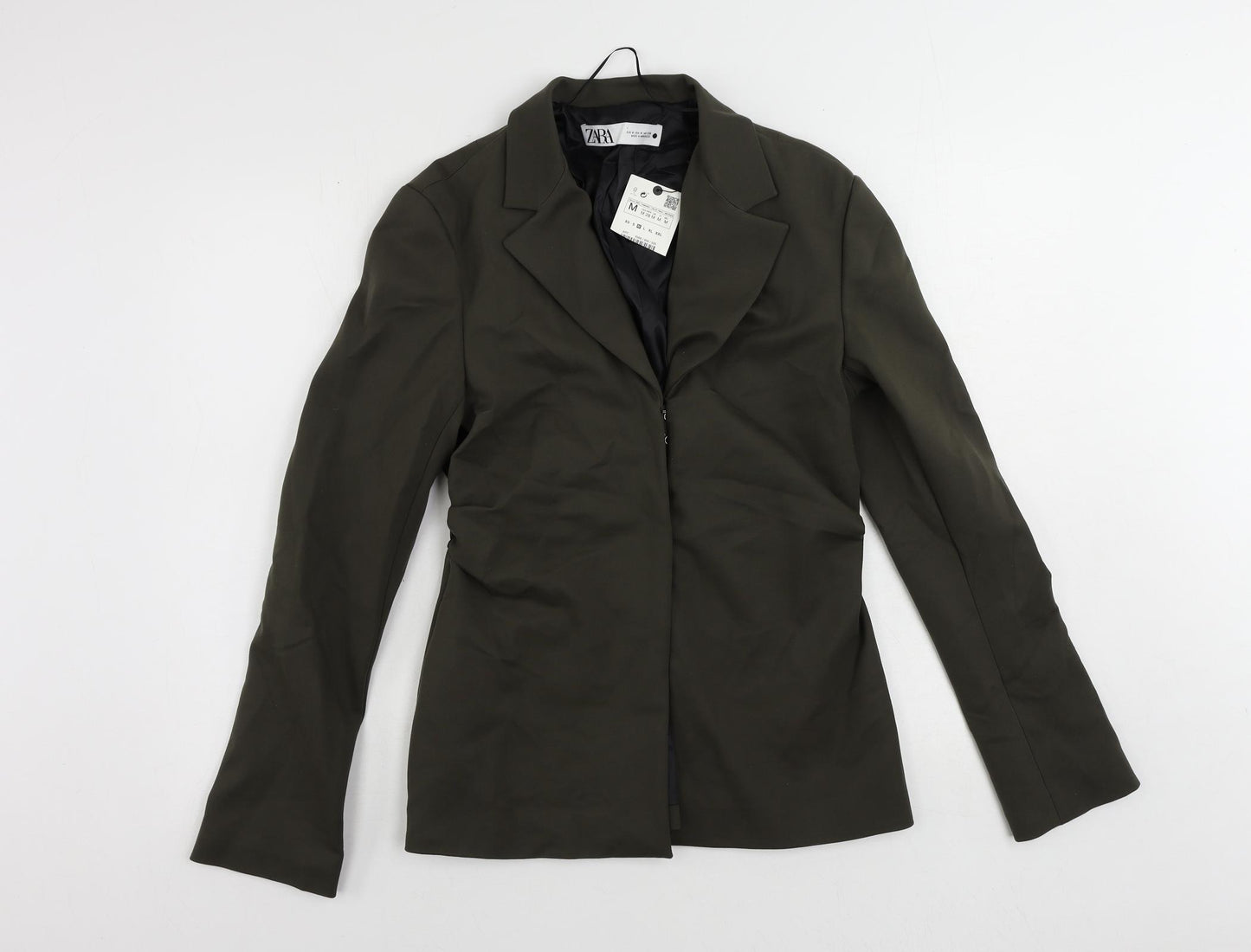 Zara Womens Green Jacket Blazer Size M Hook & Eye - Ruched Detail