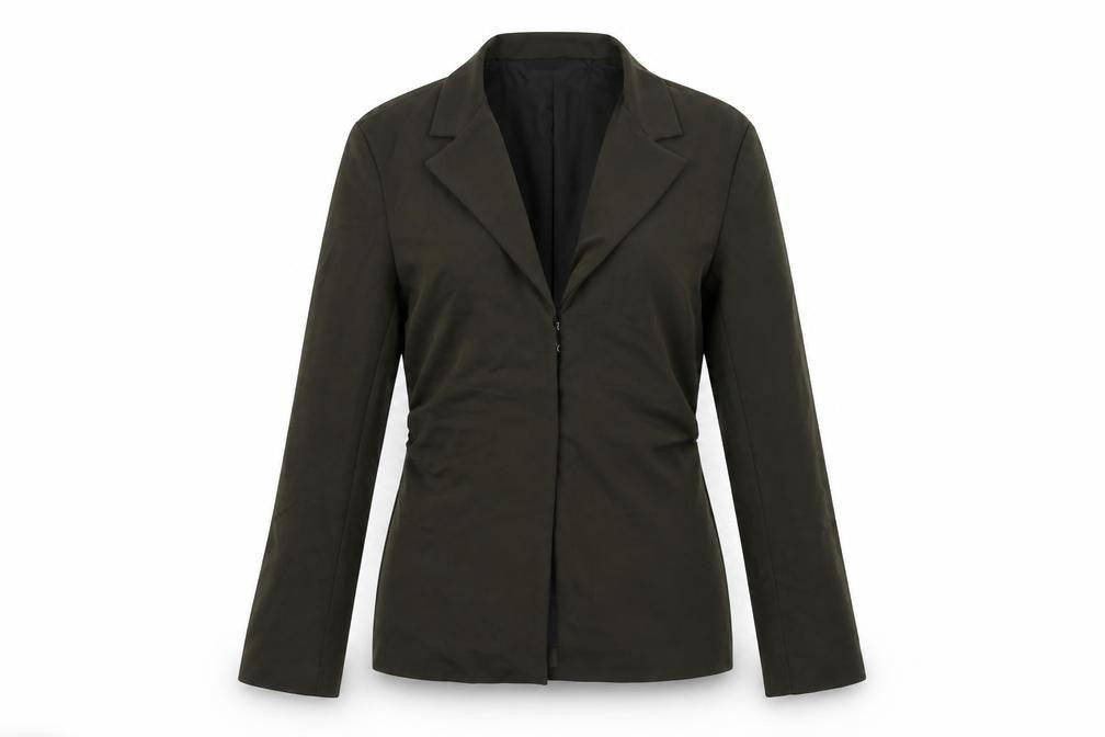 Front view of Zara women’s green jacket blazer, size M, hook & eye - ruched detail