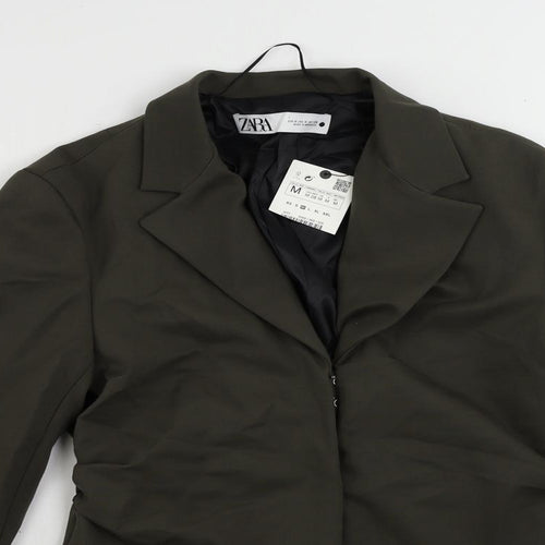 Zara Womens Green Jacket Blazer Size M Hook & Eye - Ruched Detail