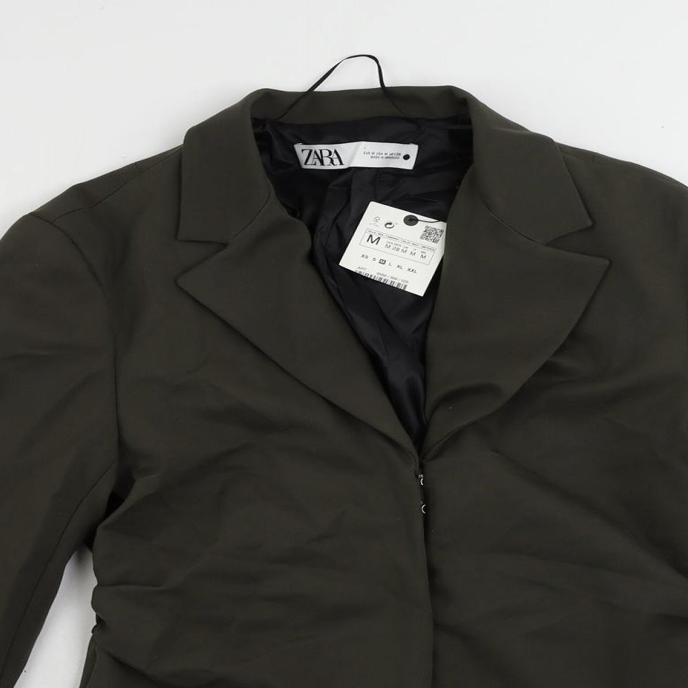 Zara Womens Green Jacket Blazer Size M Hook & Eye - Ruched Detail