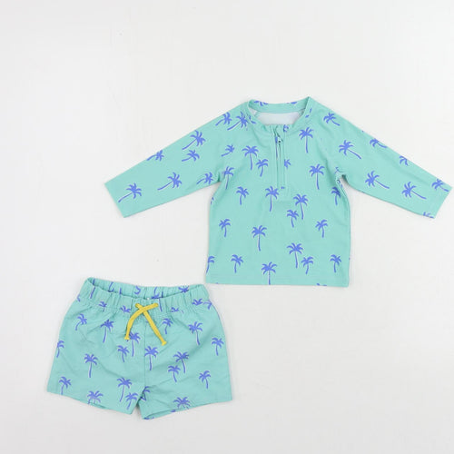 Marks and Spencer Baby Green Geometric Polyester Shorts Set Outfit/Set Size 0-3 Months Zip - Palm Print Beach Swimming Set