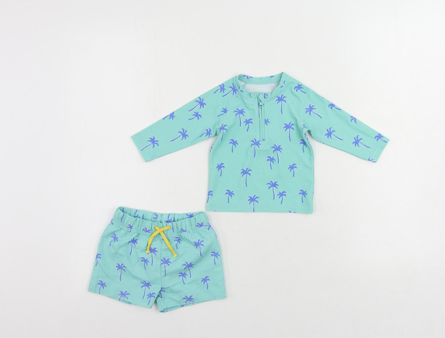 Marks and Spencer Baby Green Geometric Polyester Shorts Set Outfit/Set Size 0-3 Months Zip - Palm Print Beach Swimming Set